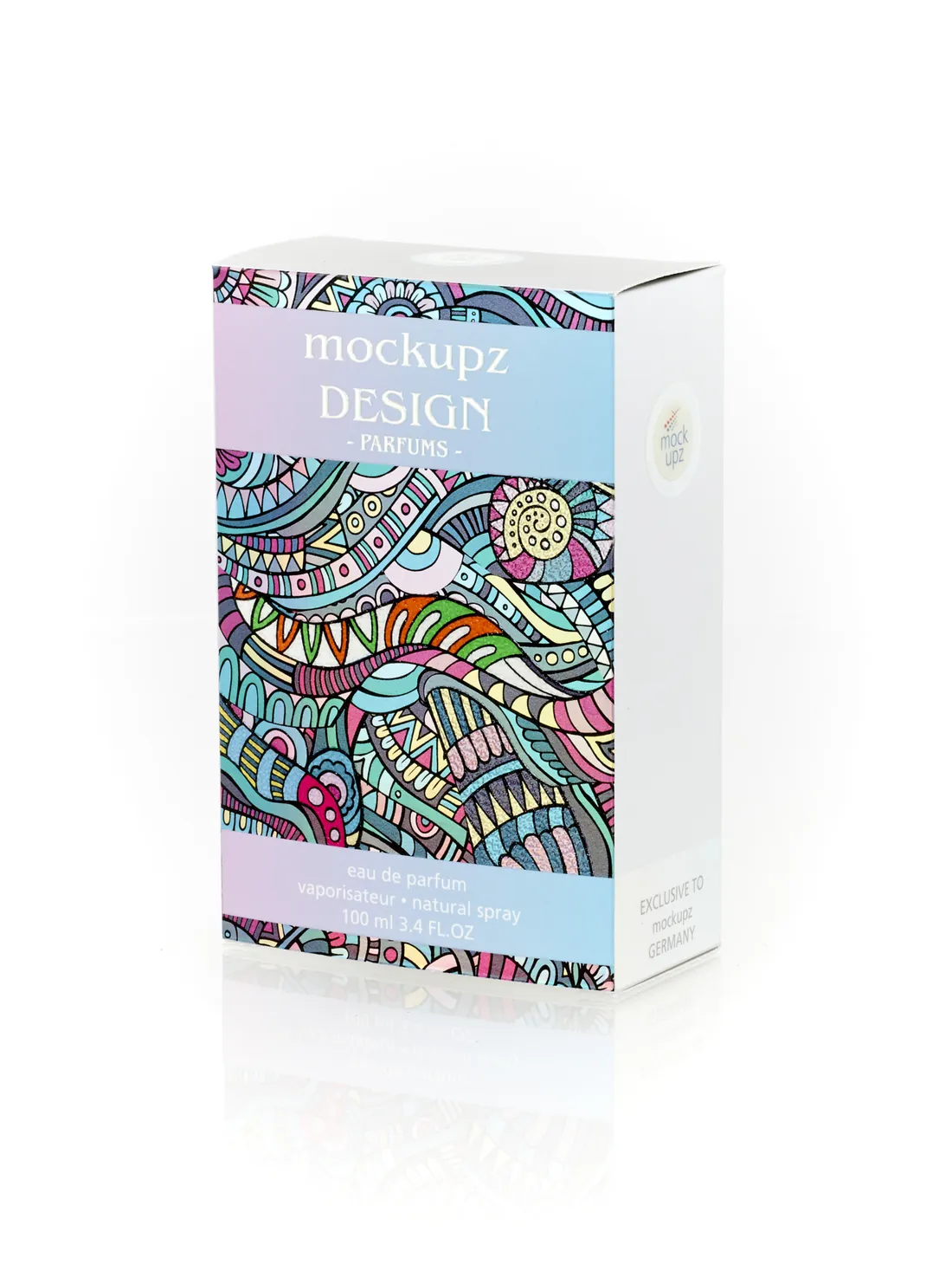 Faltschachtel-Muster „mockupz Design Parfums“ mit buntem Ornament auf irisierendem Silberkarton